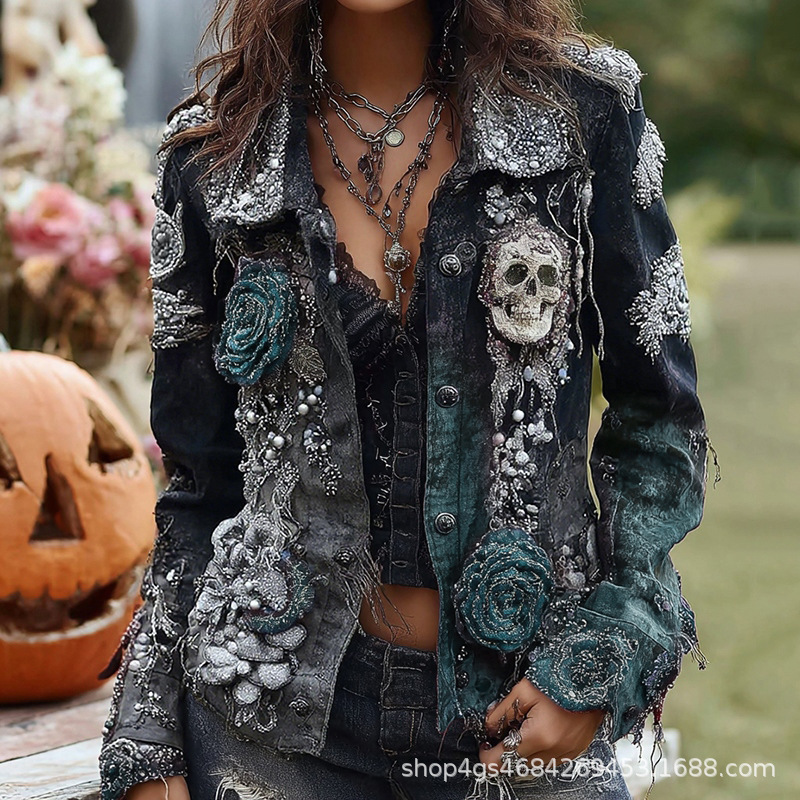 Vintage Fashion Stores - Gothic Punk Skull Rose Embroidered Jacket